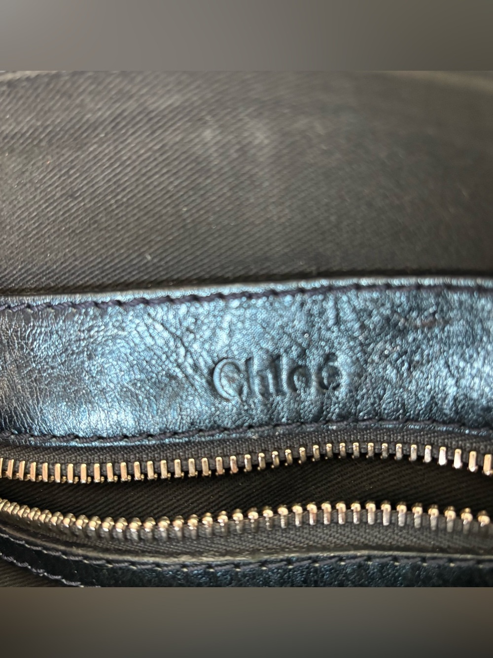 Chloe Metallic Blue Leather Black Canvas Handbag/Duffle Bag 12”x8”x7” - Picture 14 of 16